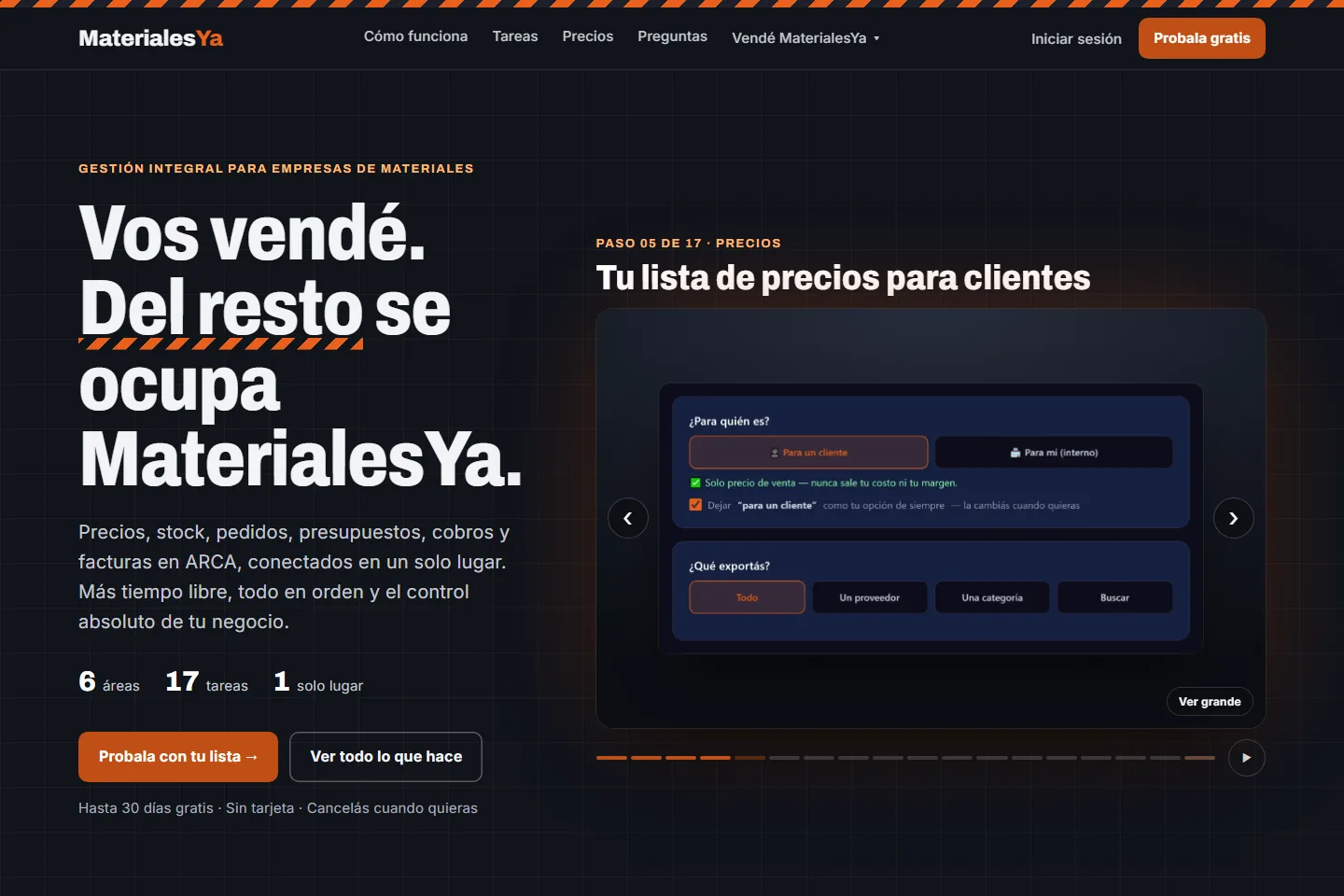 MaterialesYa en la PC: «Vos vendé. Del resto se ocupa MaterialesYa», con un paso del recorrido de la app